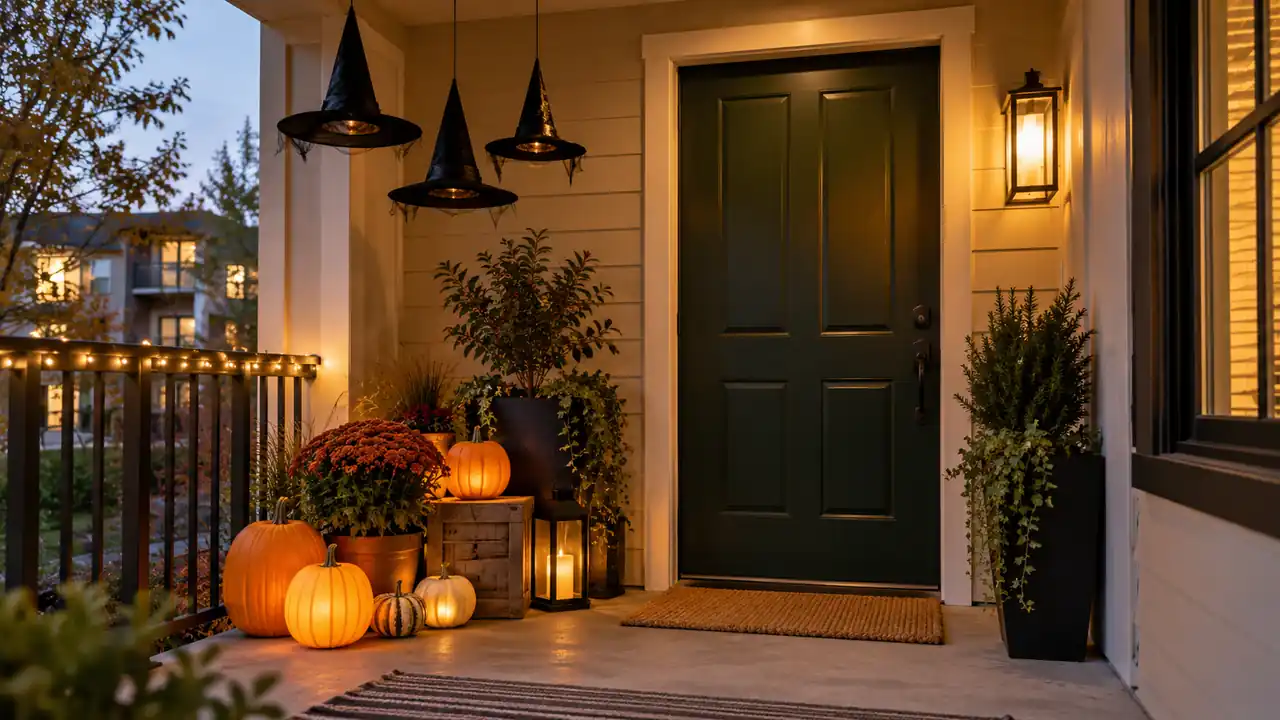 A cohesive compact apartment porch with a glowing pumpkin cluster tucked beside a dark green entry door and three black witch hats suspended high near the covered ceiling, warm fairy lights, clear pathway and entry.