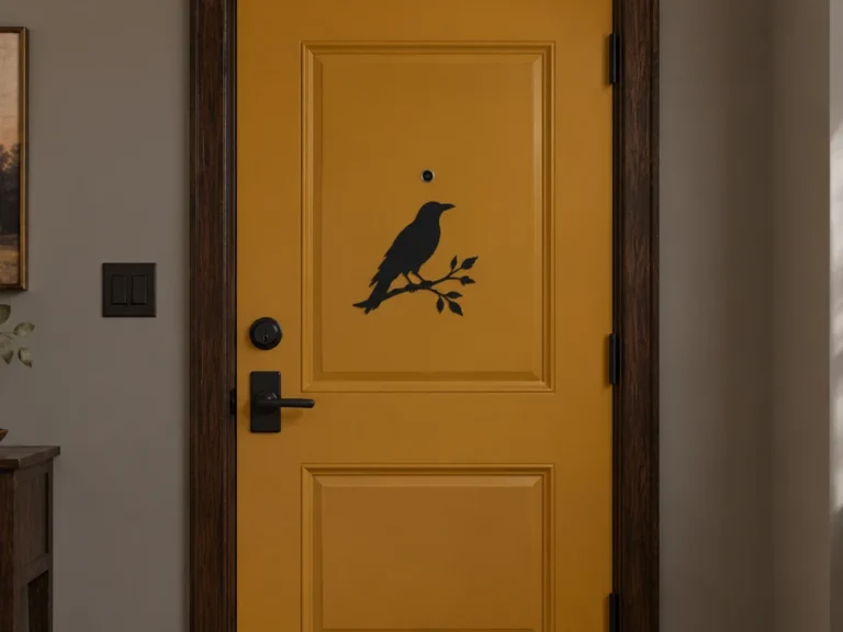 Ochre apartment door decorated with a black raven silhouette on a branch