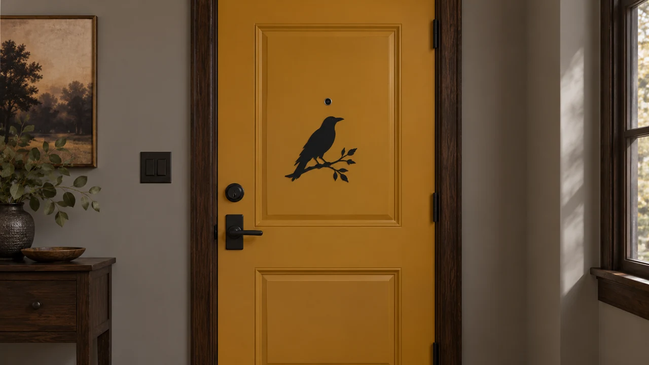 Ochre apartment door decorated with a black raven silhouette on a branch
