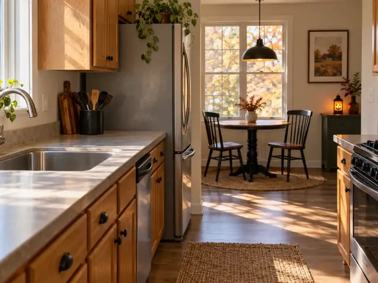 Small oak kitchen with clear counters, a pumpkin soap pump, and a glowing lantern in the breakfast nook