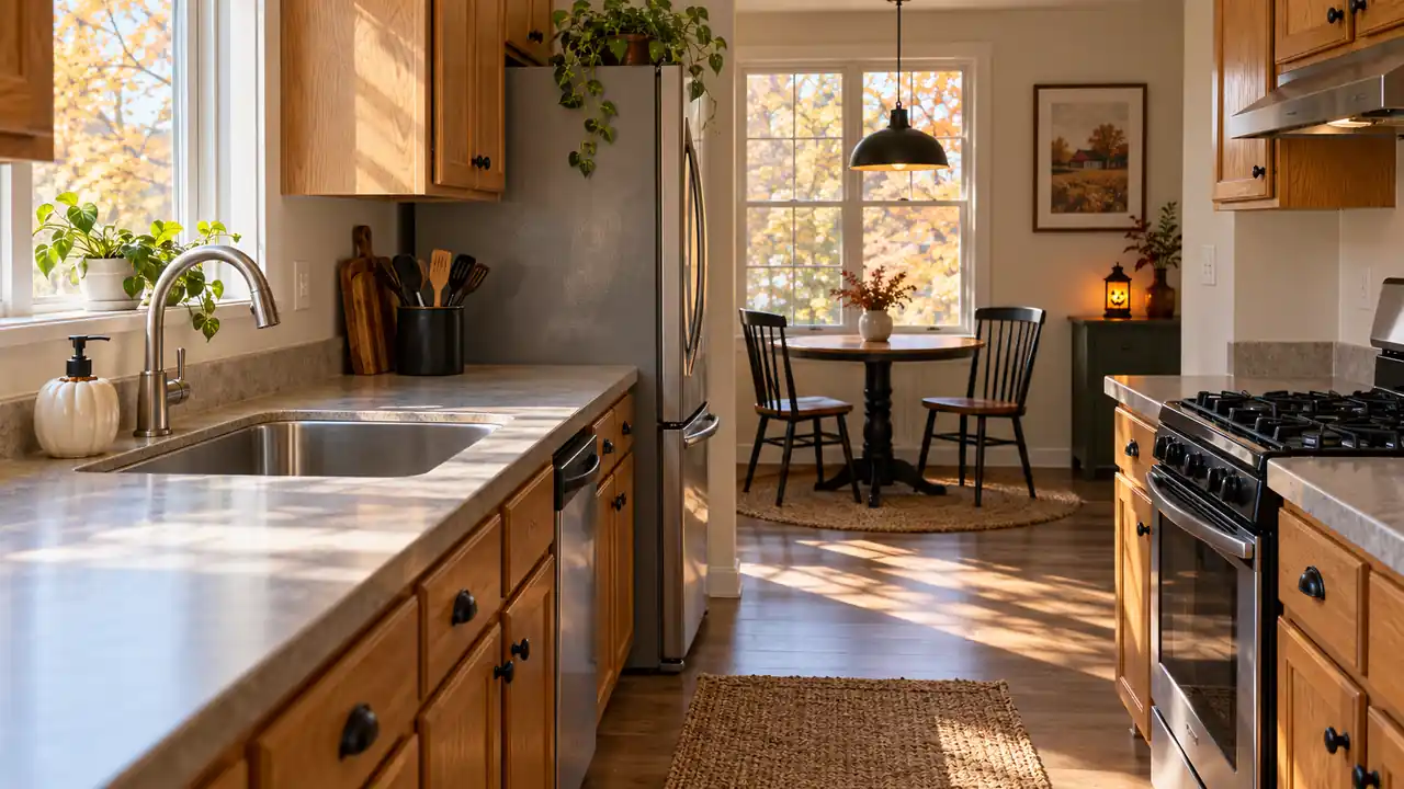 Small oak kitchen with clear counters, a pumpkin soap pump, and a glowing lantern in the breakfast nook