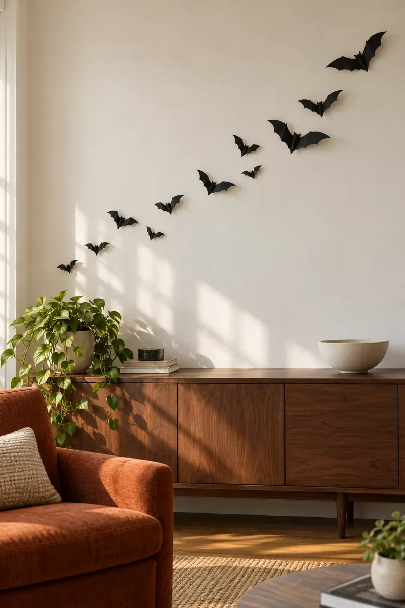 A curved flock of folded black paper bats above a walnut sideboard and rust armchair
