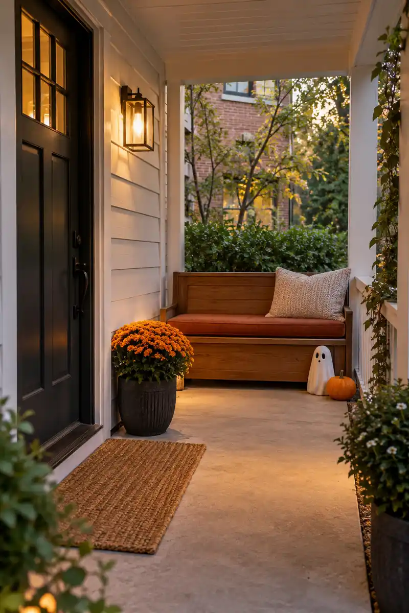 Rust cushioned porch bench with a white ghost and small orange pumpkin at one end