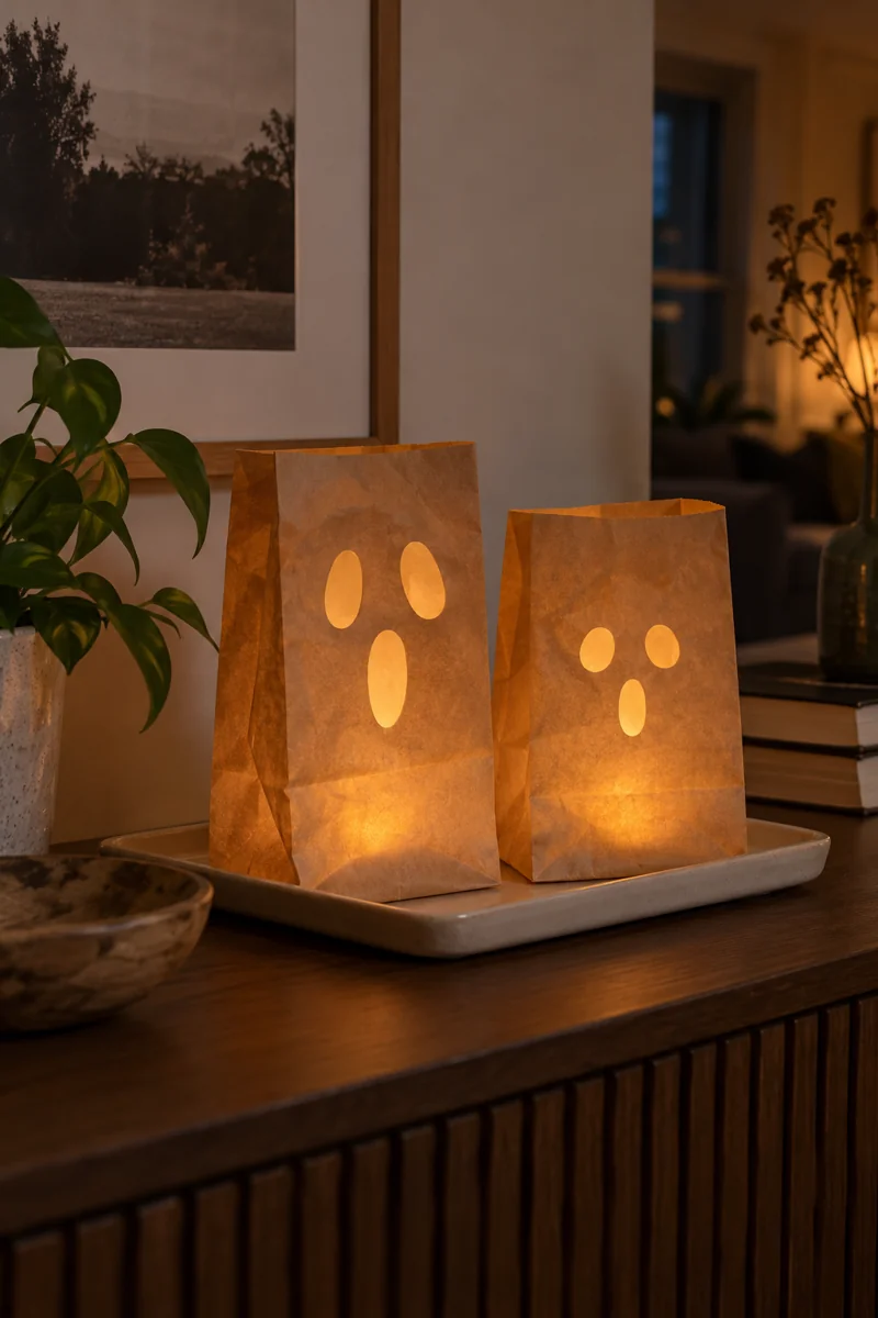 Two kraft paper ghost bags glow with battery LED lights on a ceramic tray