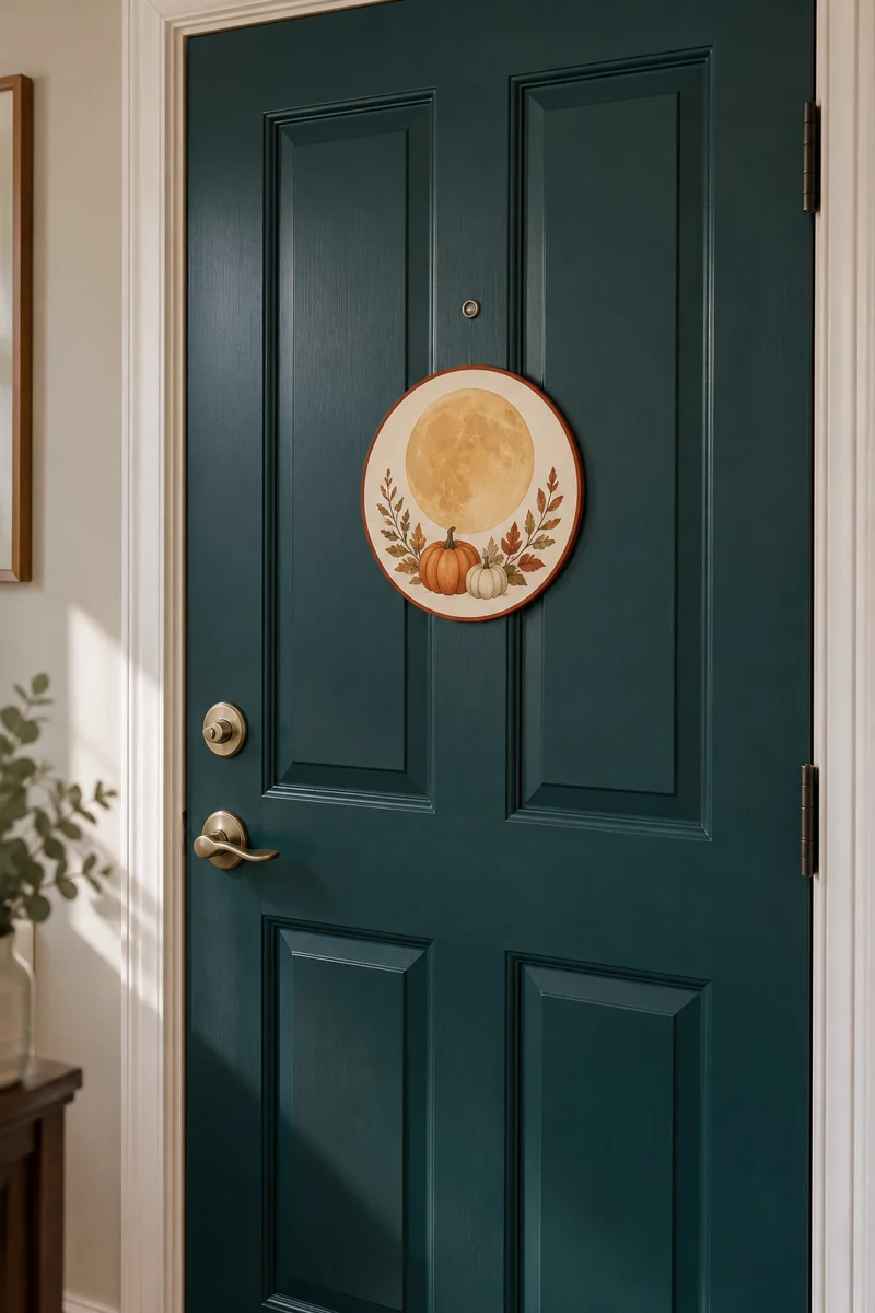 Harvest Moon Circle displayed on a deep teal apartment door