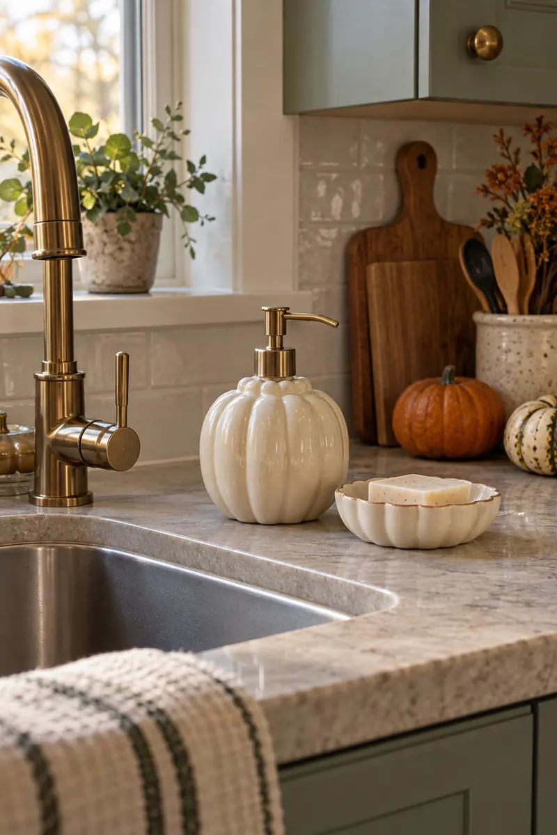 Cream pumpkin soap dispenser beside a brass kitchen faucet