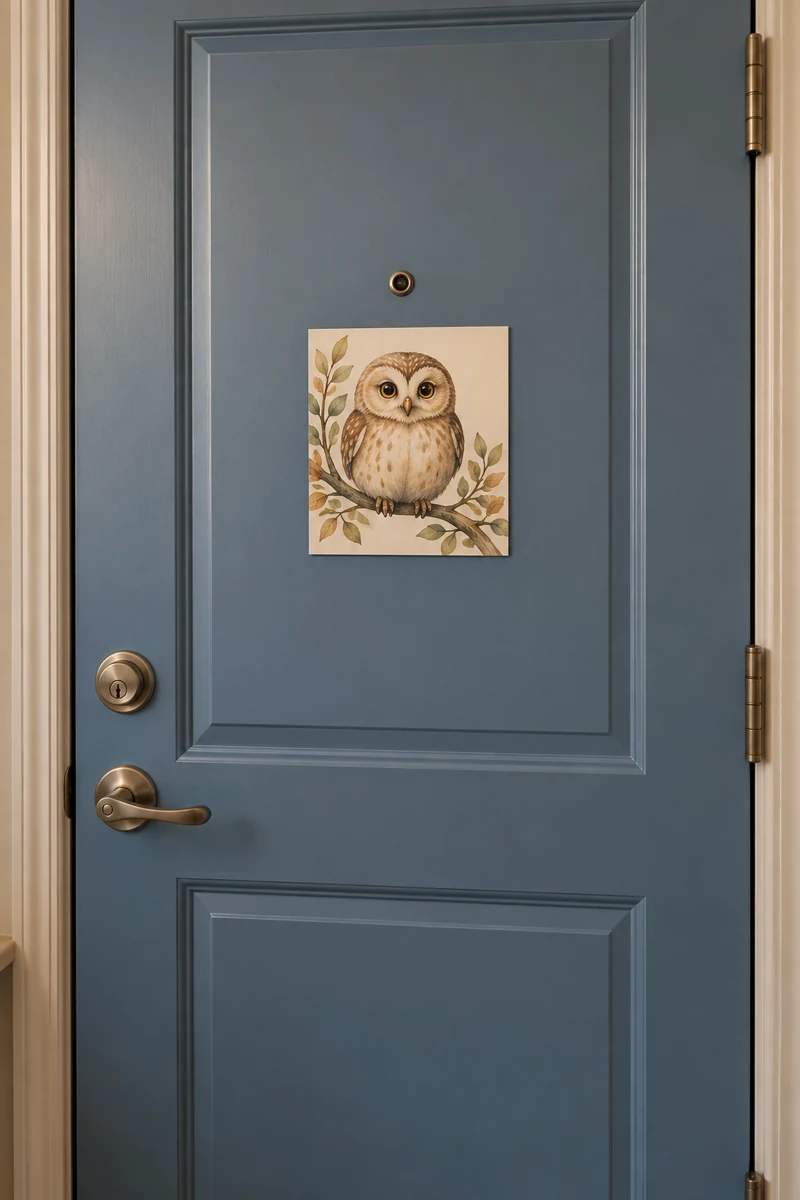Autumn Owl Portrait displayed on a muted blue apartment door
