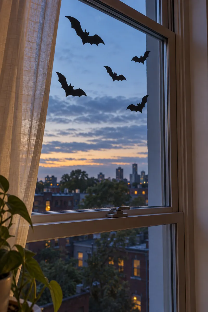 Flat black bat silhouettes on an upper window pane against a blue evening sky