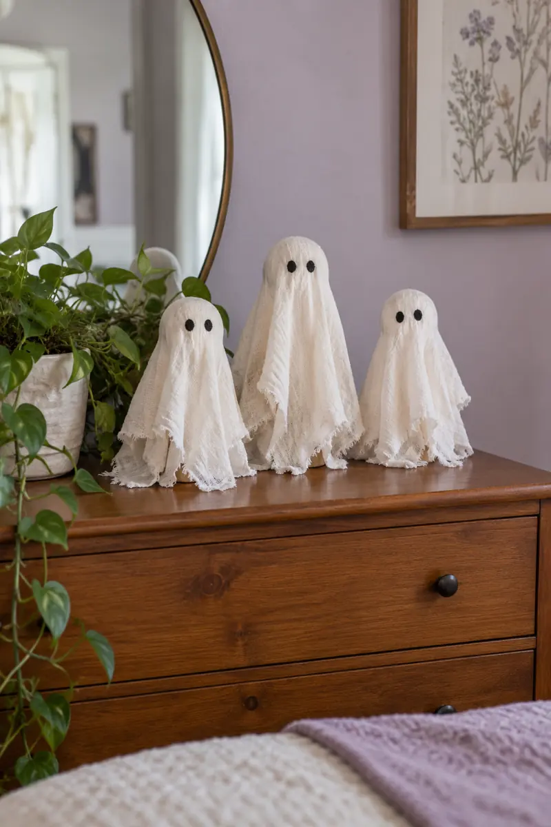 Three small white fabric ghosts stand together on a bedroom dresser