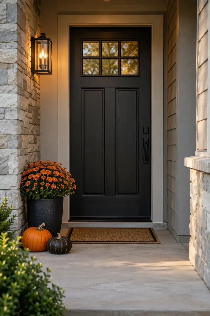 Orange and black pumpkins tucked beside a private entrance with open floor space
