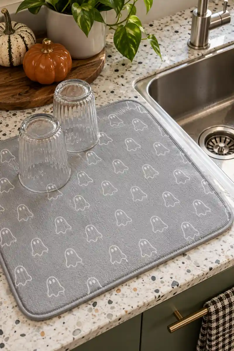 Gray ghost-pattern drying mat holding two glasses beside a sink