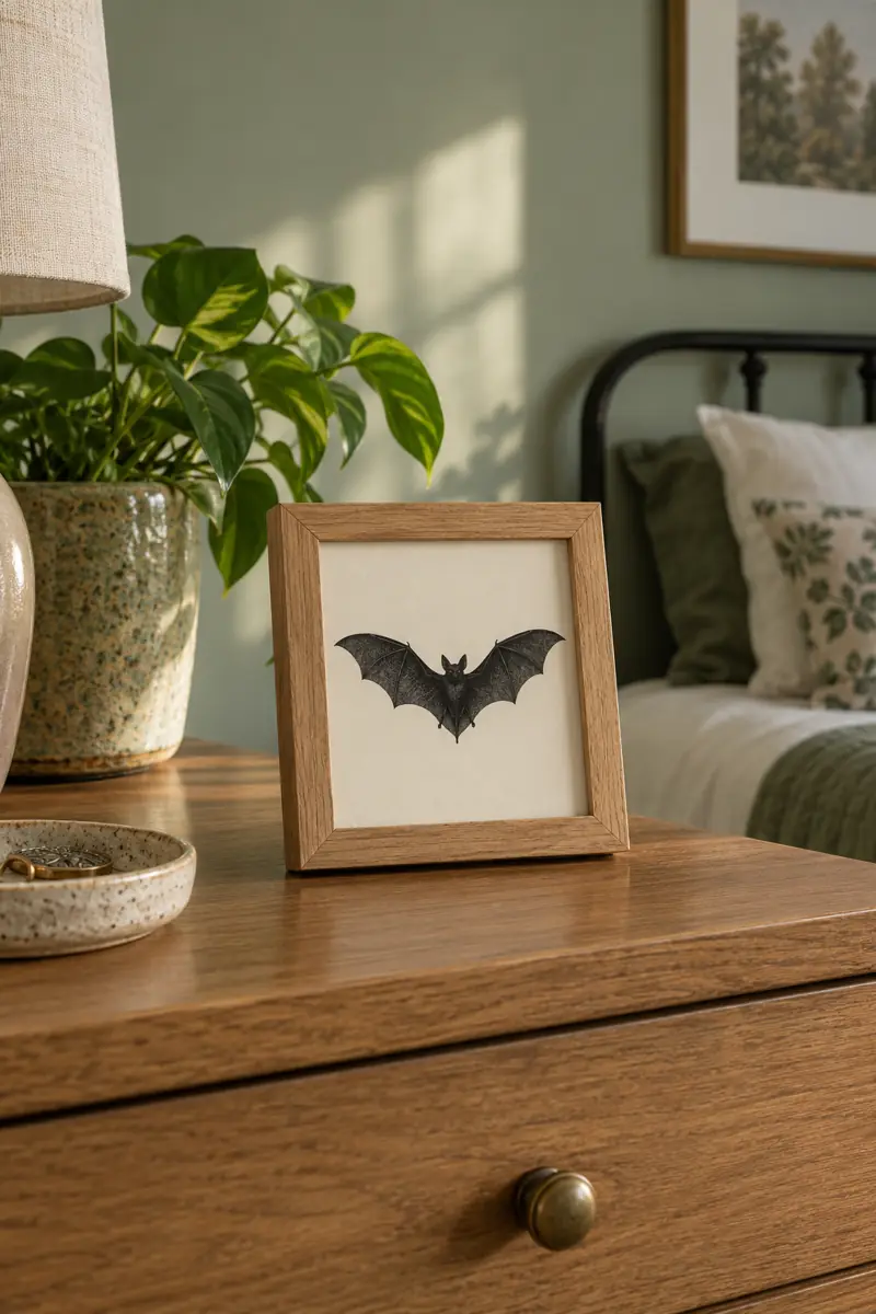A single black bat silhouette in an oak frame on a bedroom dresser