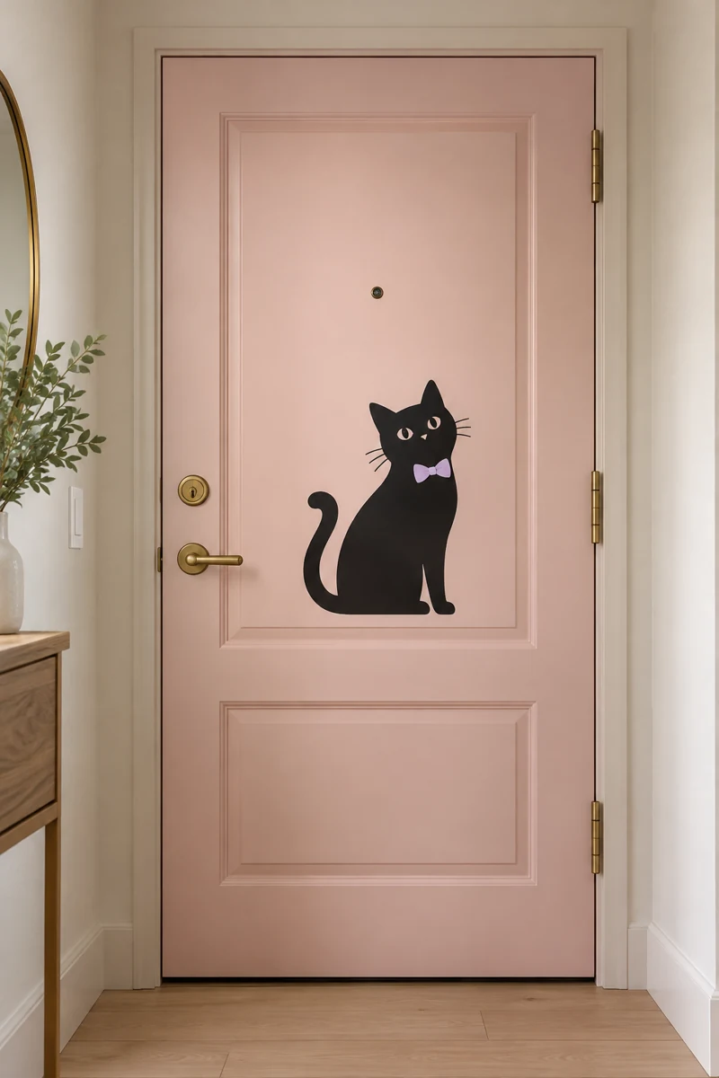 Bow Tie Cat on a pale pink apartment door