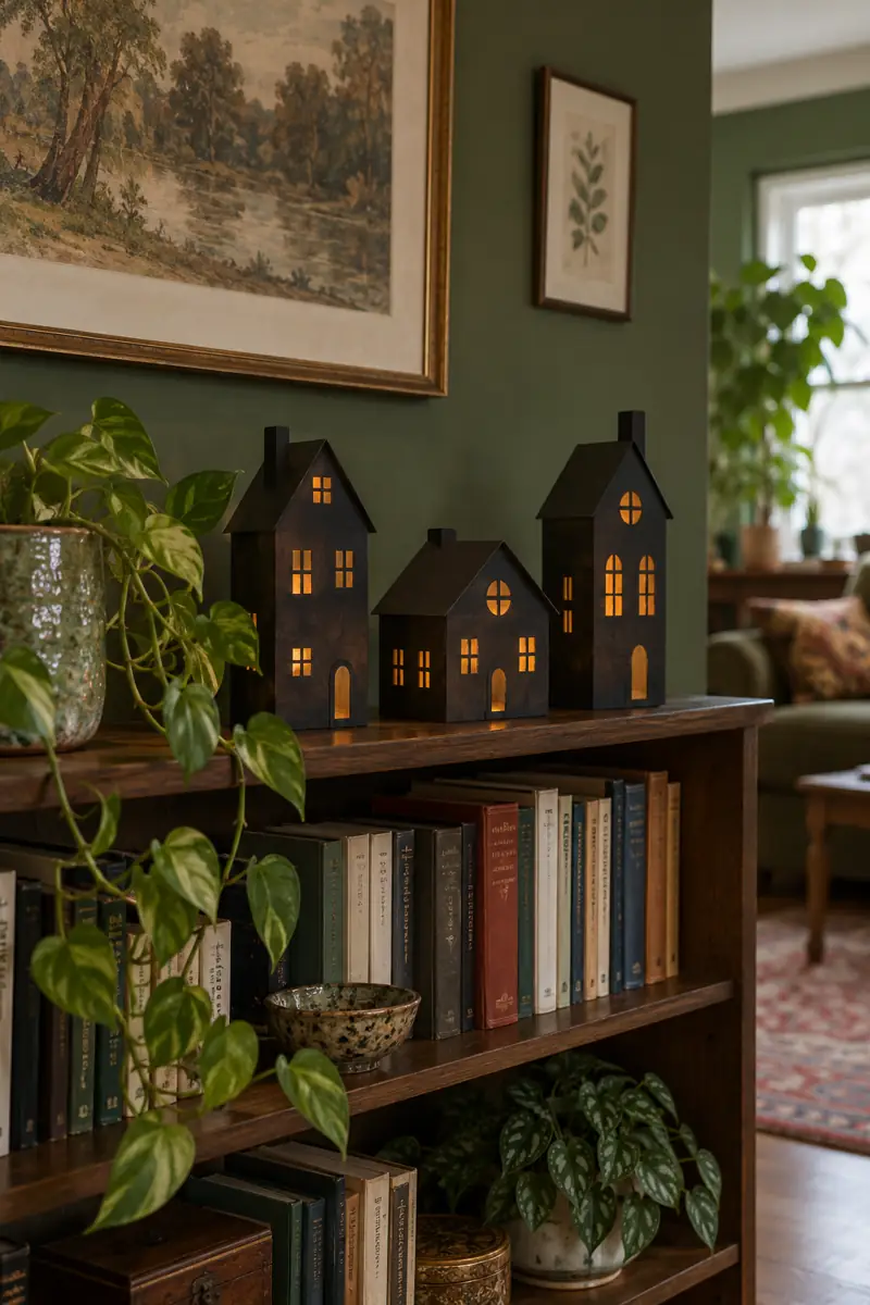 A charcoal cardboard haunted village sits on a green apartment bookshelf