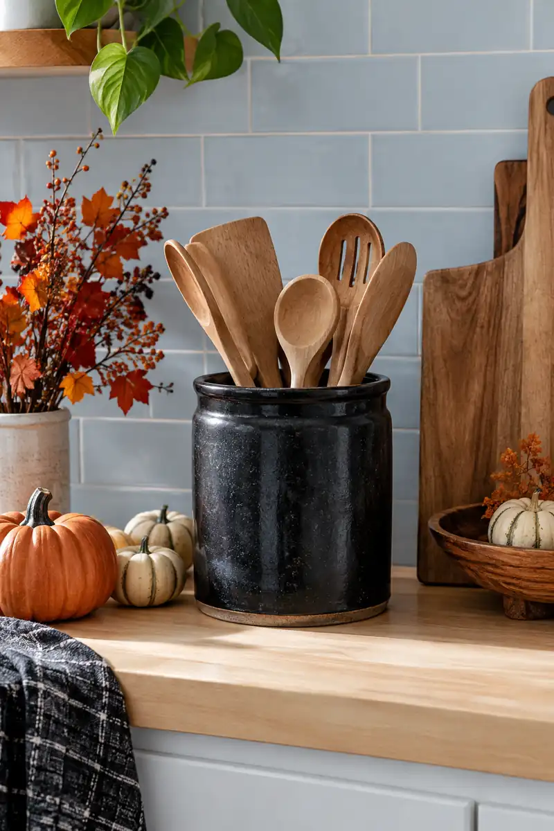 Black ceramic utensil crock holding wood cooking spoons against blue tiles