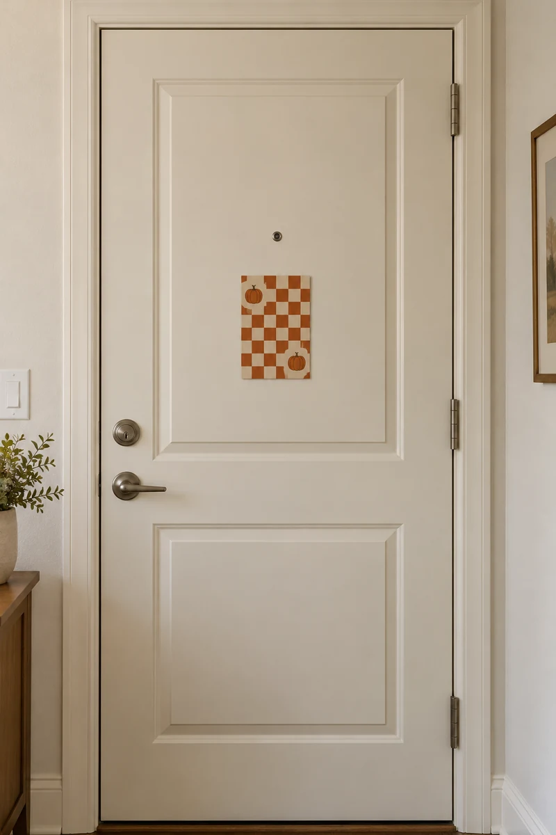 Pumpkin Checkerboard Card displayed on a warm ivory apartment door