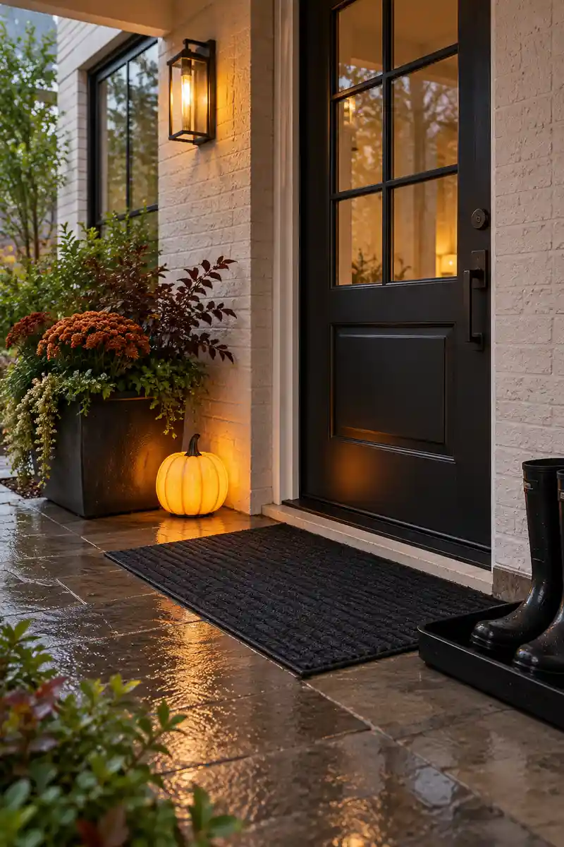 Pumpkin LED lamp and boot tray on a rainwashed covered porch