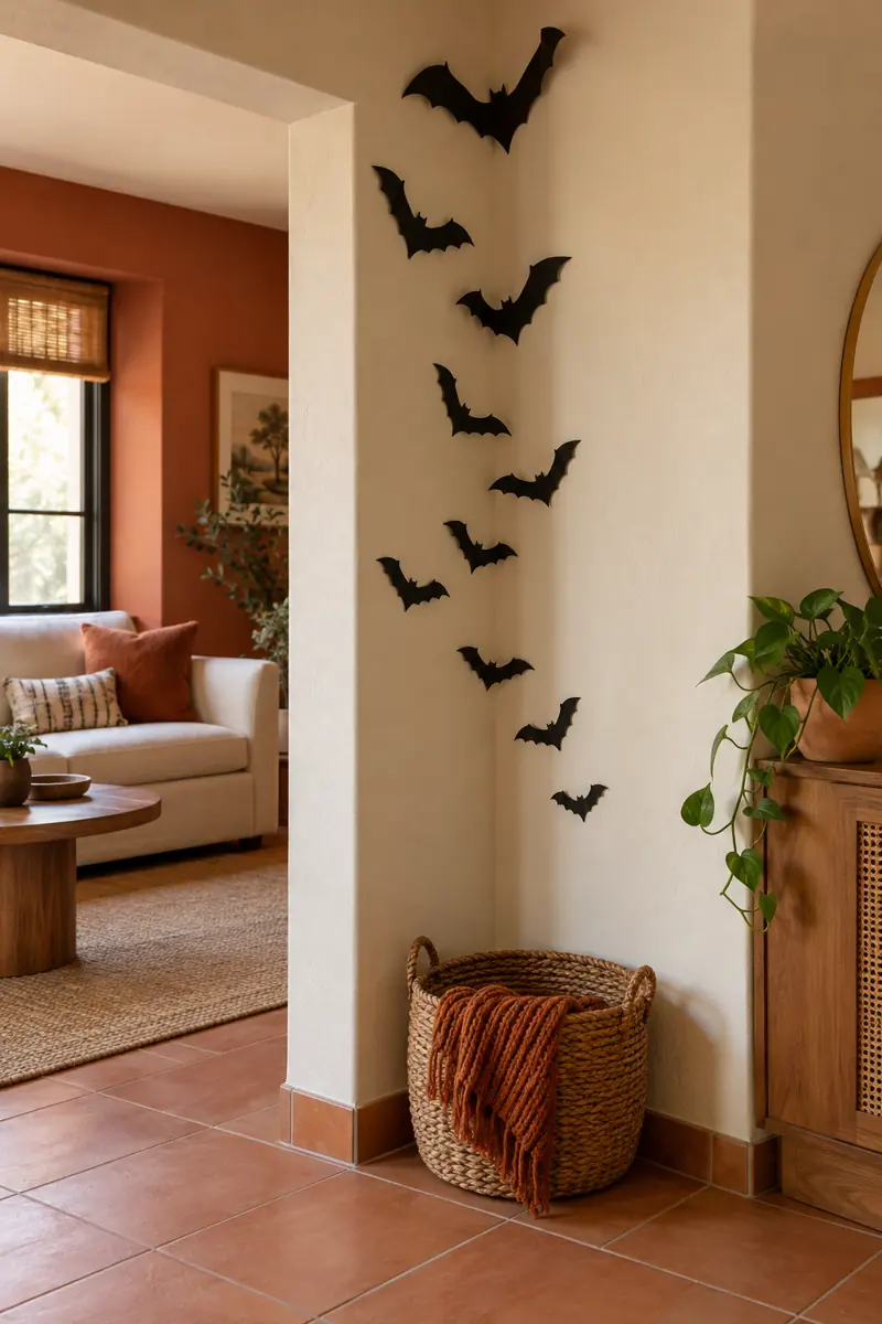 Black paper bats climb a cream wall corner above a woven basket