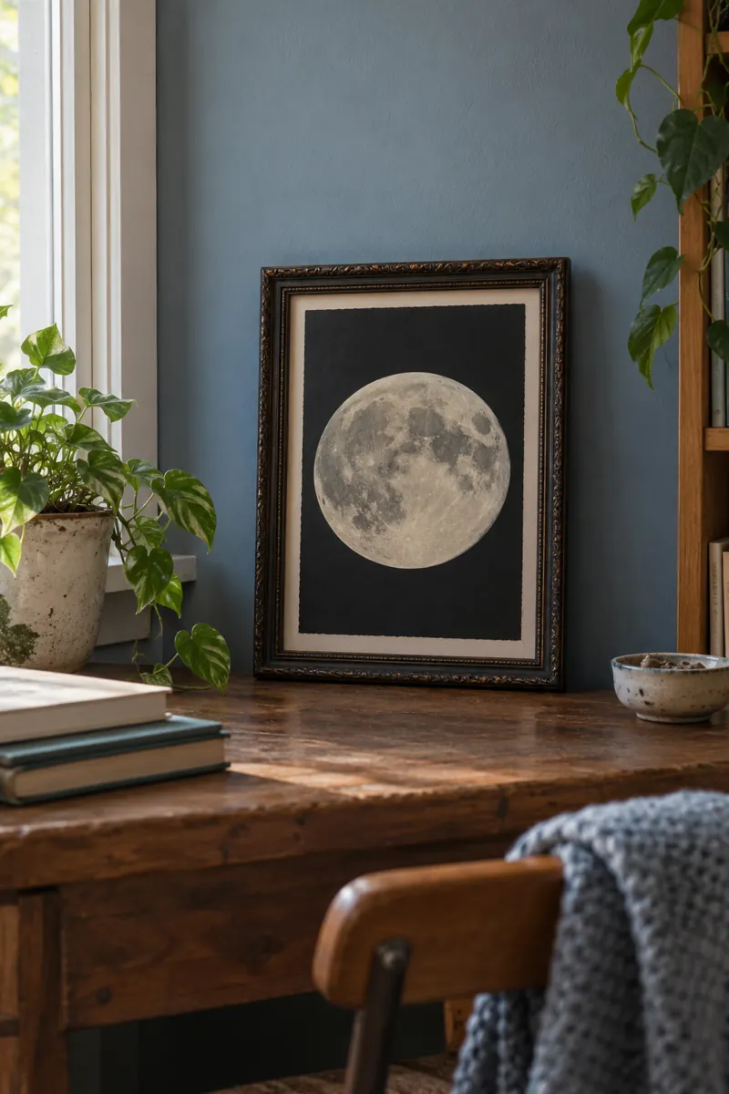 A pale paper moon sits inside a dark secondhand frame on a small desk