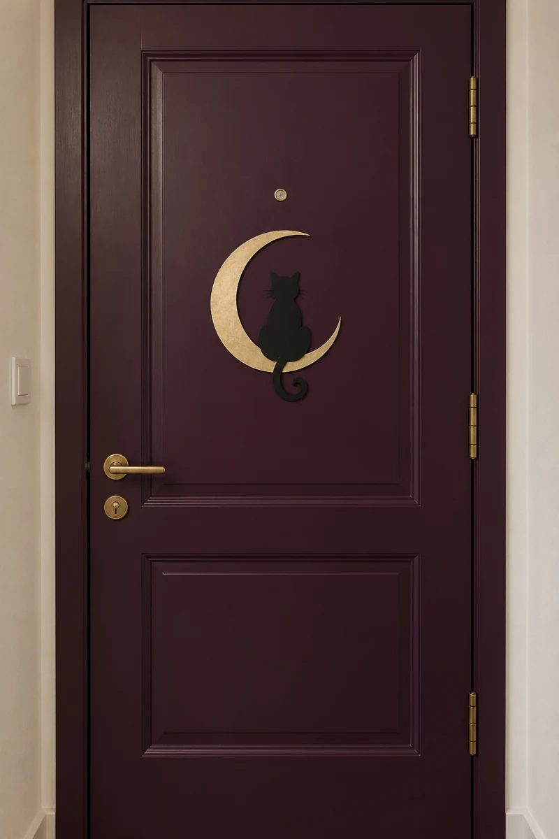 Crescent Cat Scene displayed on a deep plum apartment door
