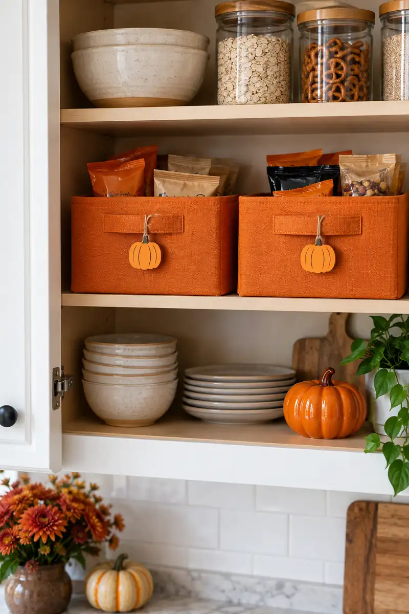 Orange pantry bins with pumpkin tags holding sealed snack packets