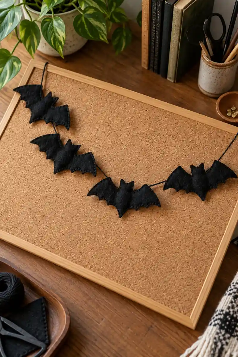 A black felt bat garland draped across a corkboard on a wooden desk