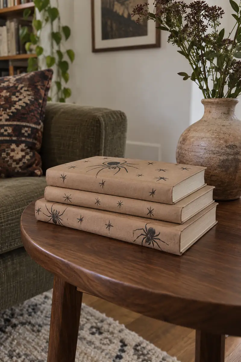 Kraft paper book covers with black spider and star drawings form a small stack
