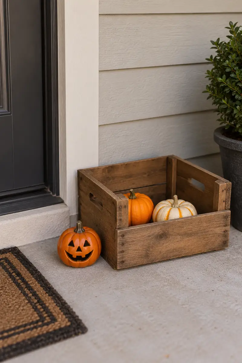 Low open wooden crate containing two small pumpkins with a grinning pumpkin ornament in front