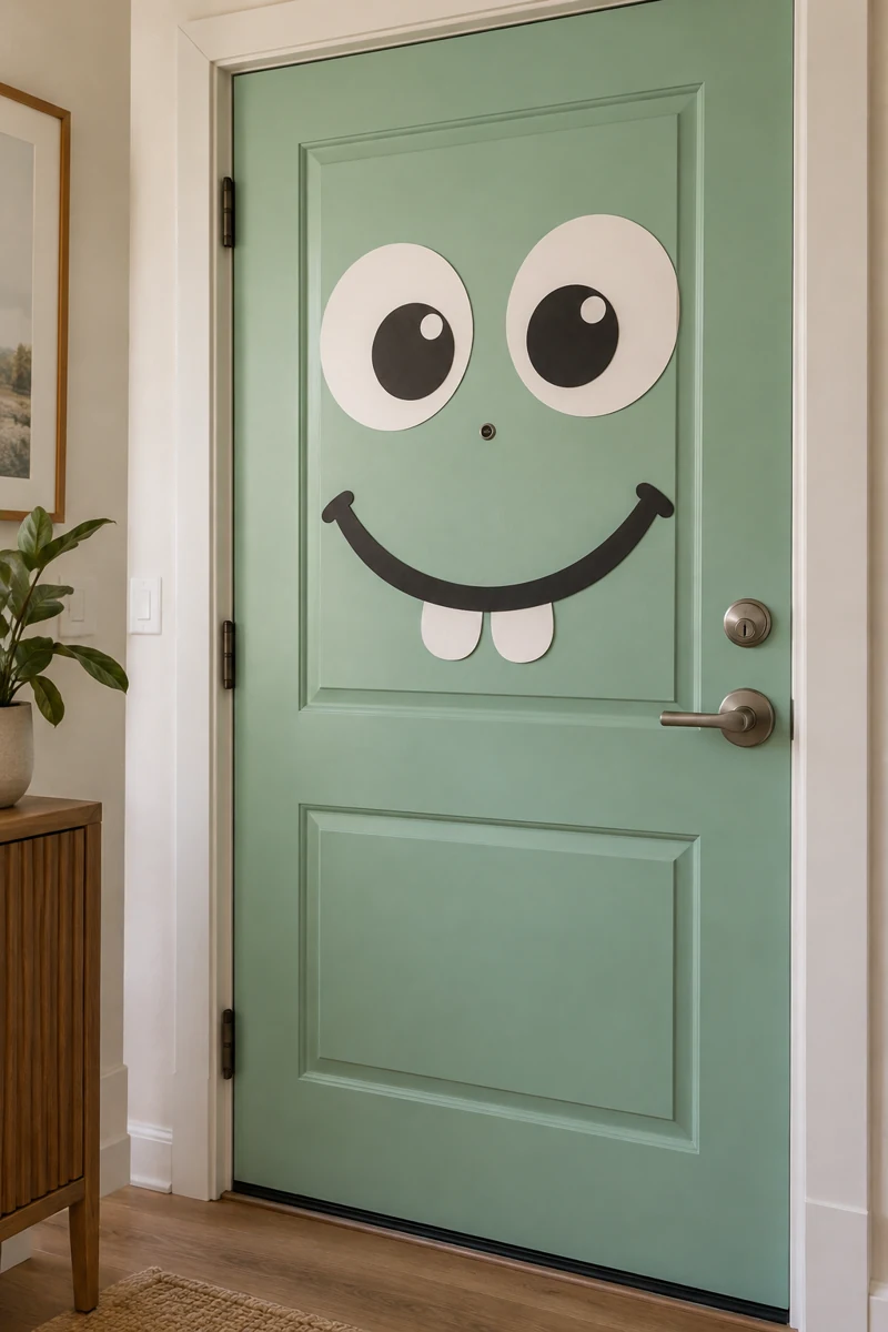 Pastel Monster Face on a mint green apartment door