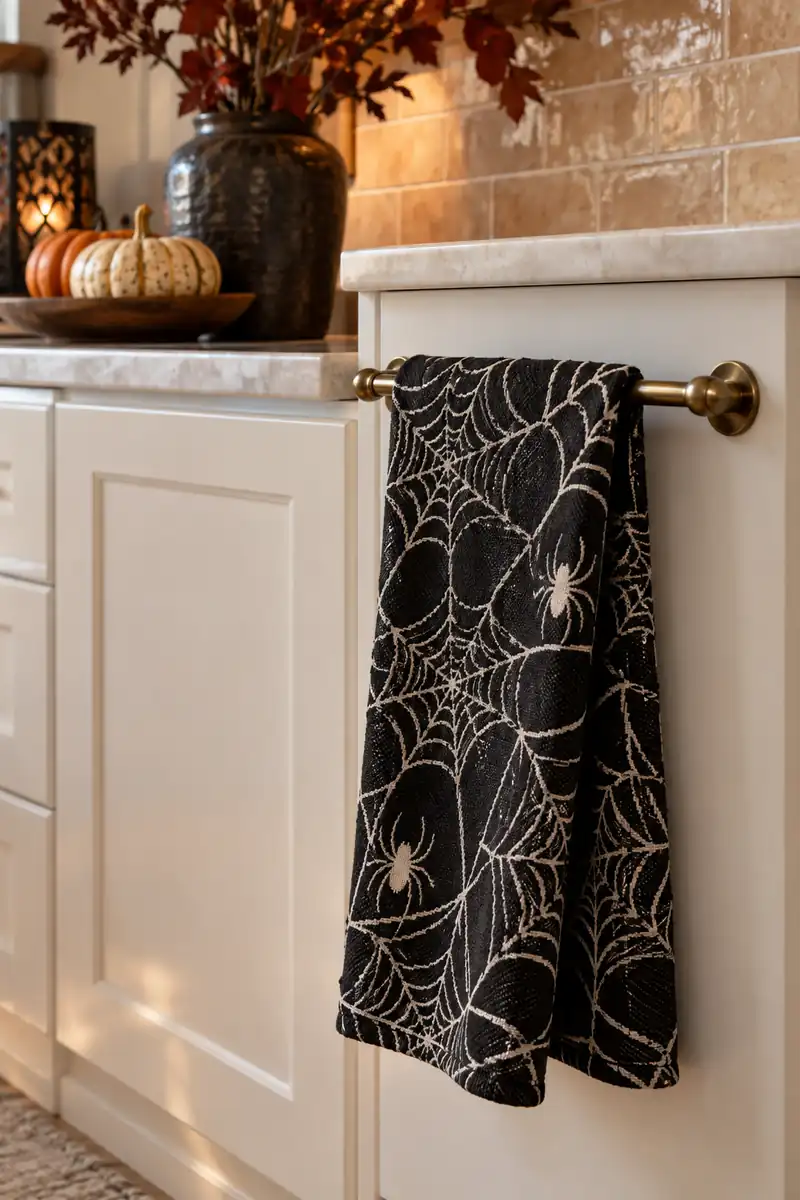 Black spiderweb tea towel hanging from a brass rail beside white cabinets