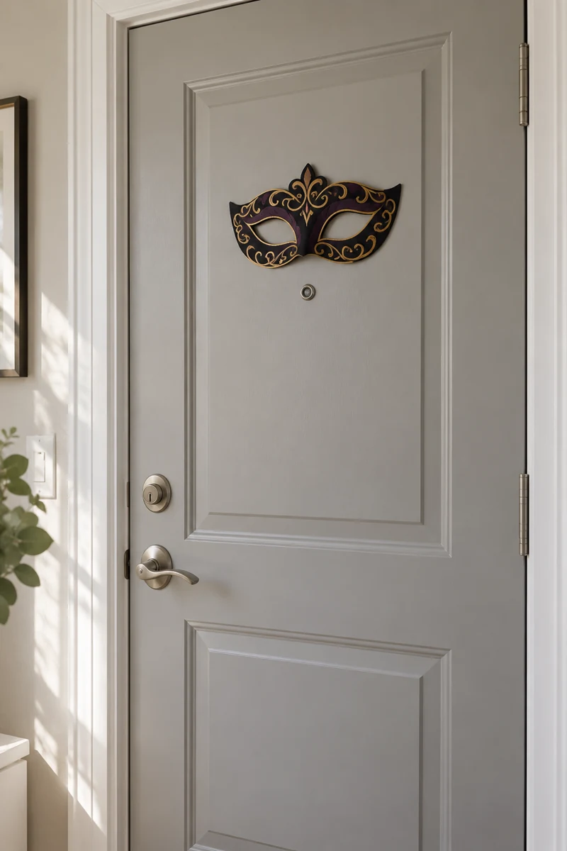 Vintage Masquerade Mask displayed on a pale gray apartment door