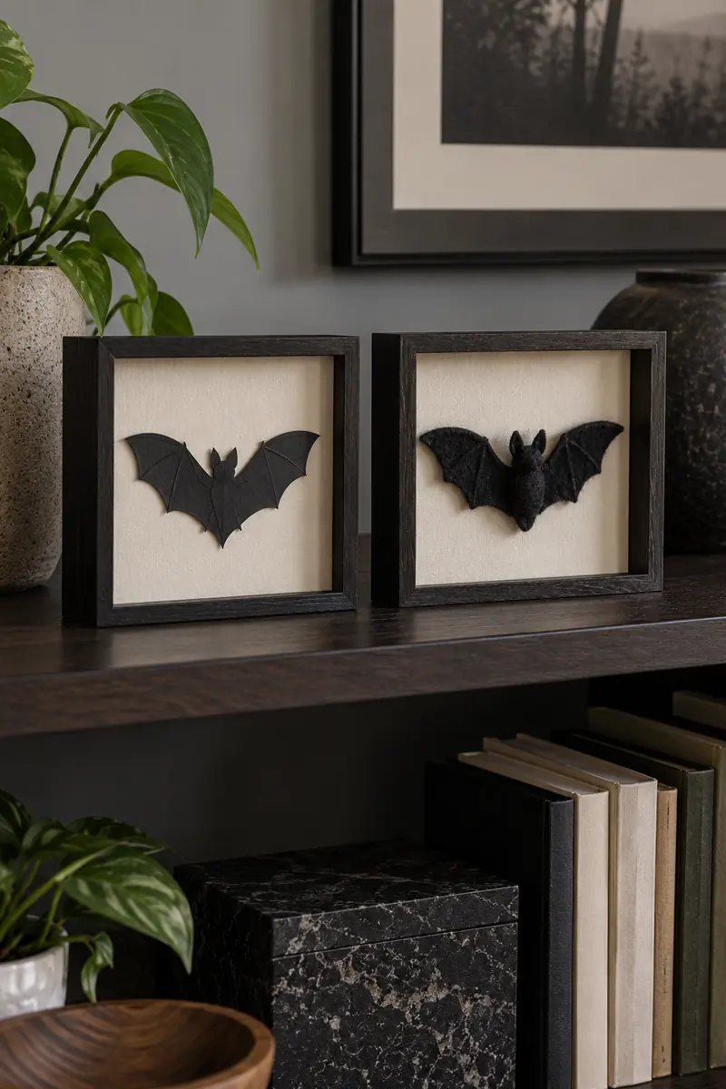 Two shadowbox frames compare a flat paper bat with a dimensional felt bat