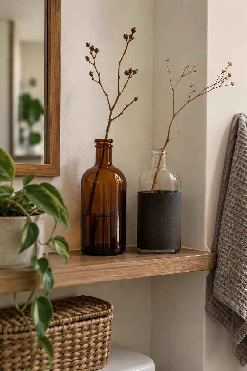 An amber bottle and a charcoal paper-wrapped bottle hold simple twigs on a shelf