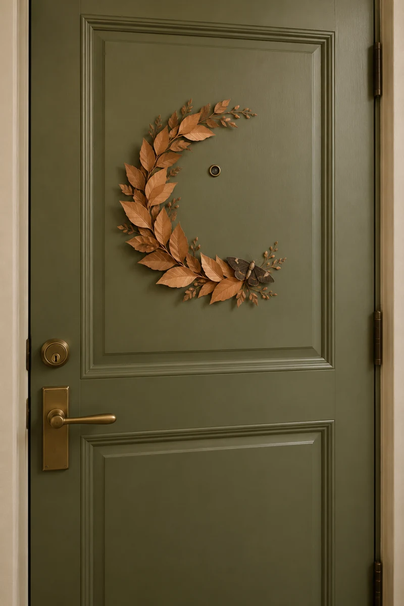 Copper Leaf Moon displayed on a moss green apartment door
