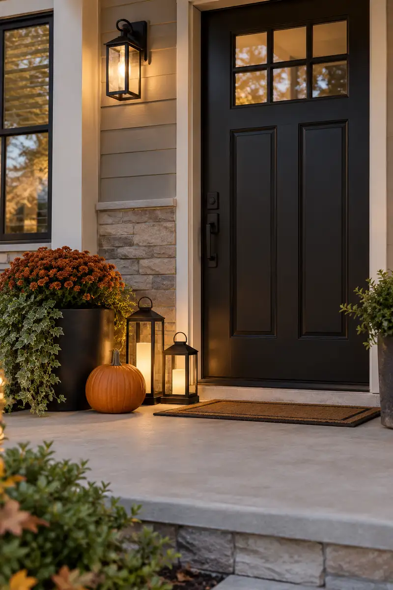 Two black LED lanterns and an orange pumpkin grouped beside a front door