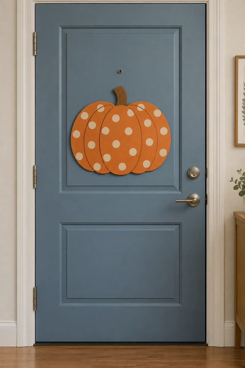Polka Dot Pumpkin on a dusty blue apartment door