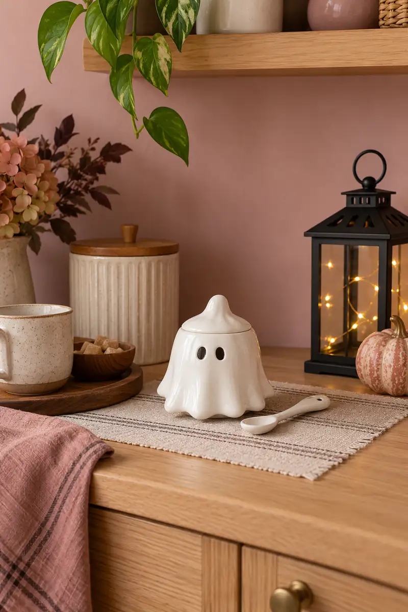 White ghost-shaped sugar bowl with a lid and spoon on a pink tea station