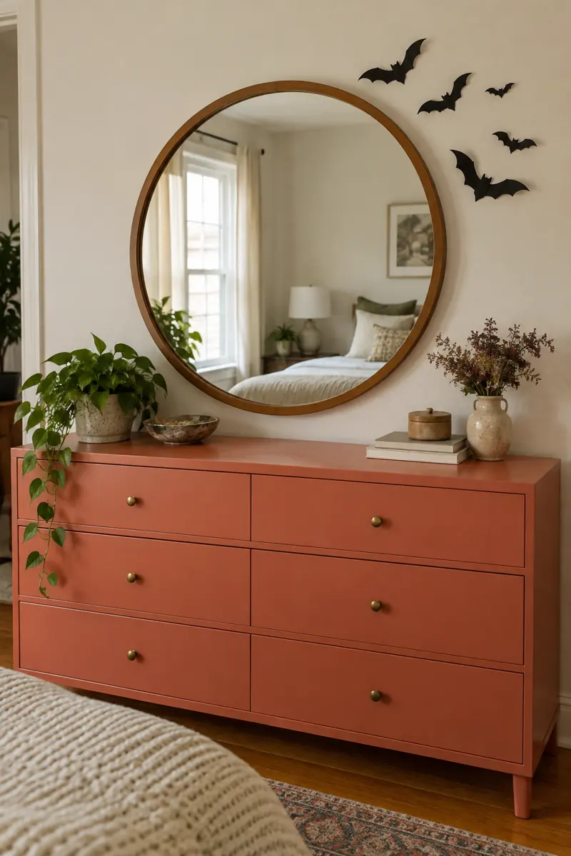 Small black bats decorate the wall beside a round mirror above a coral dresser