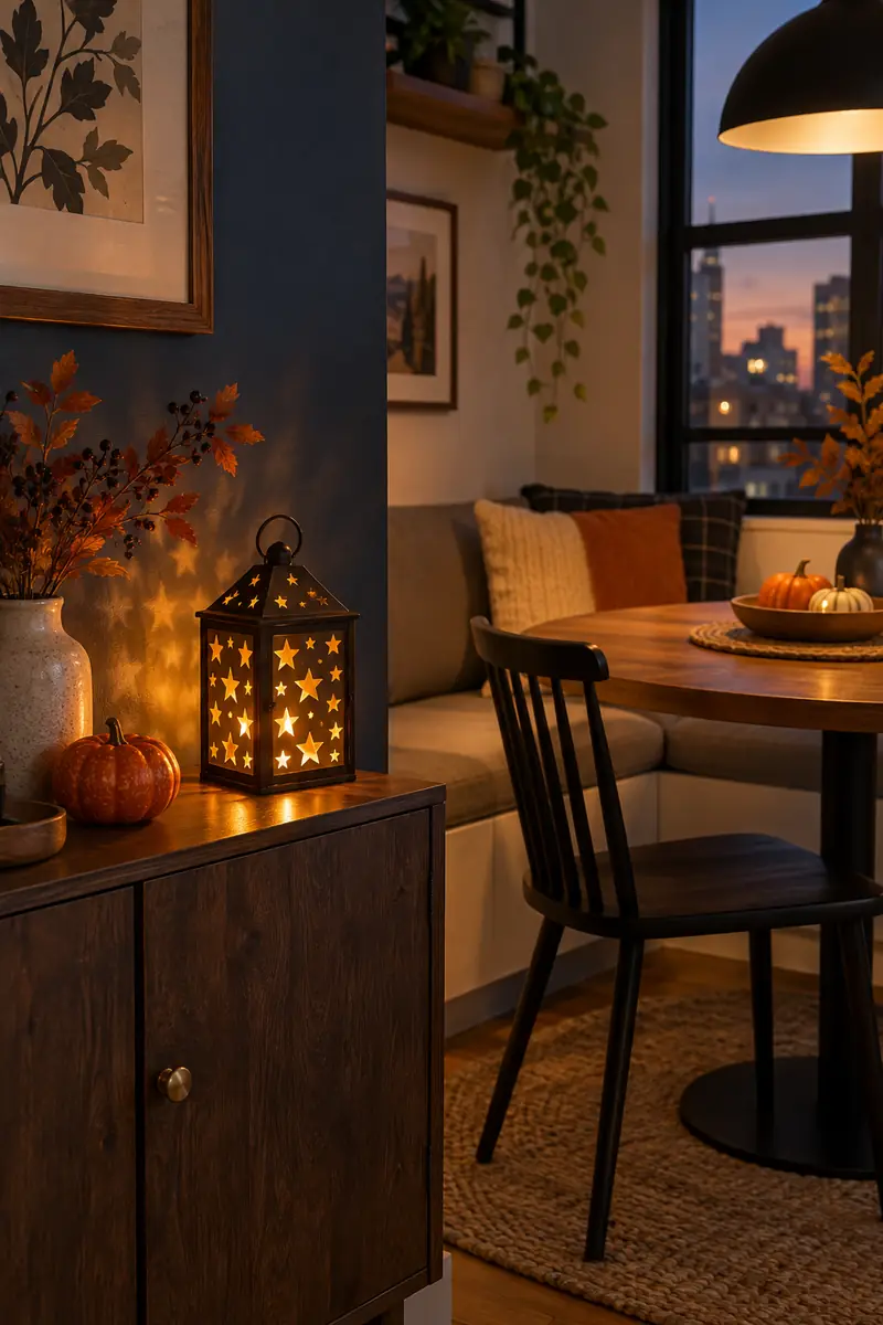 Star-cutout LED lantern glowing on a cabinet beside a breakfast nook