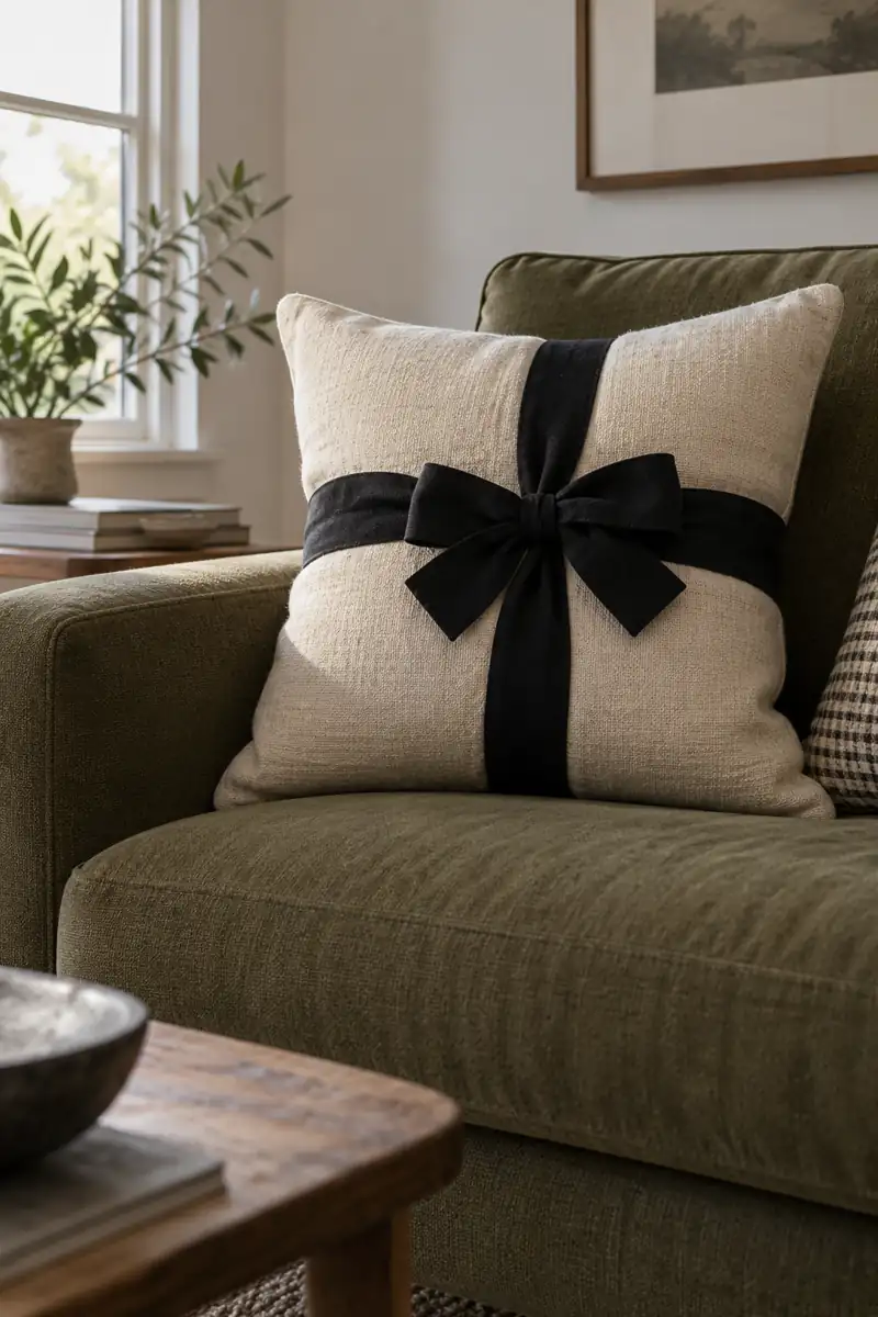 A soft black ribbon and short bow wrap a cream cushion on an olive sofa