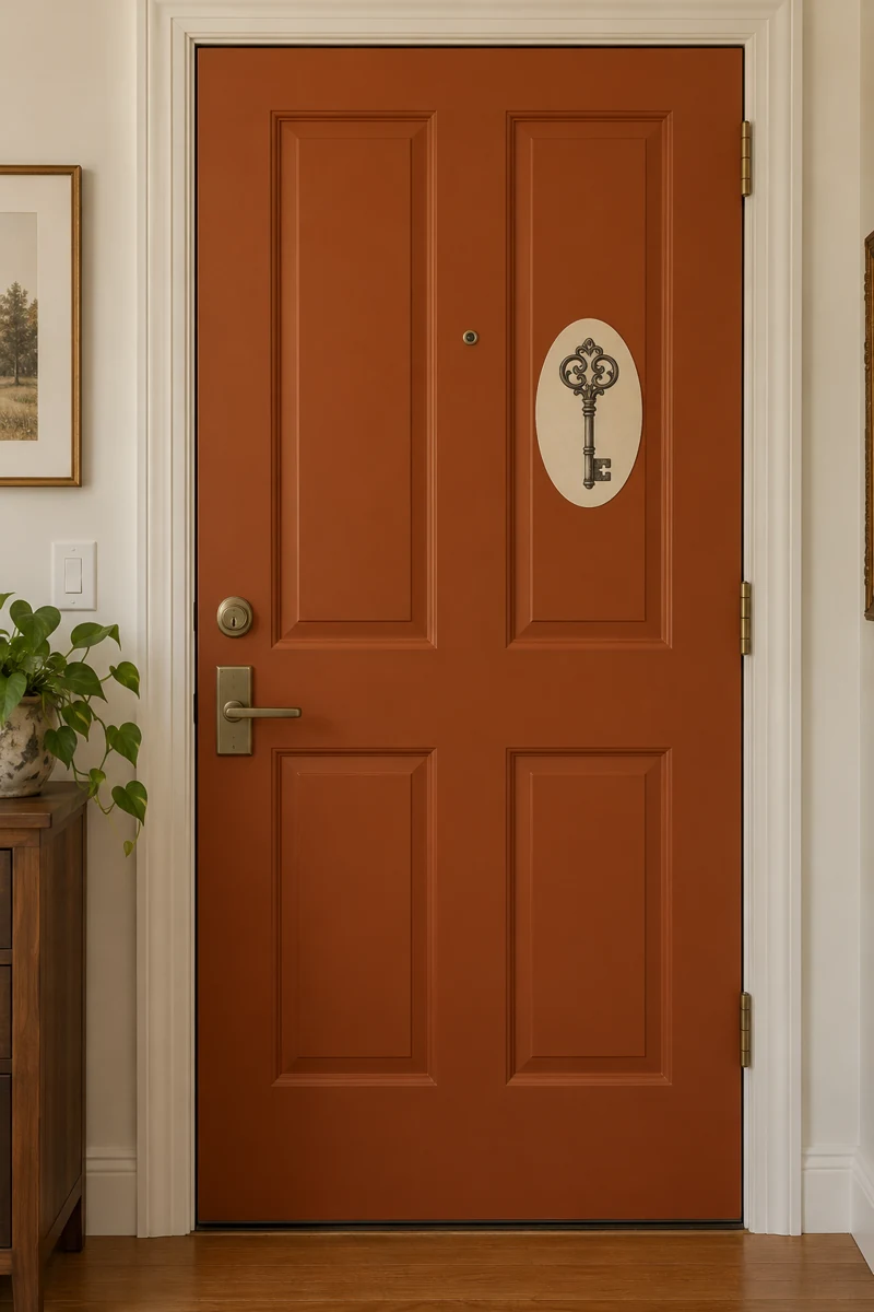Gothic Key Picture displayed on a rust orange apartment door