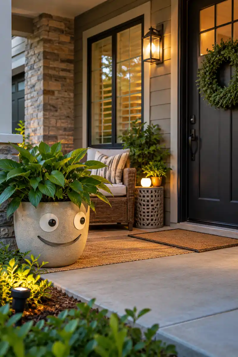 Large leafy planter with a smiling monster face on a private porch