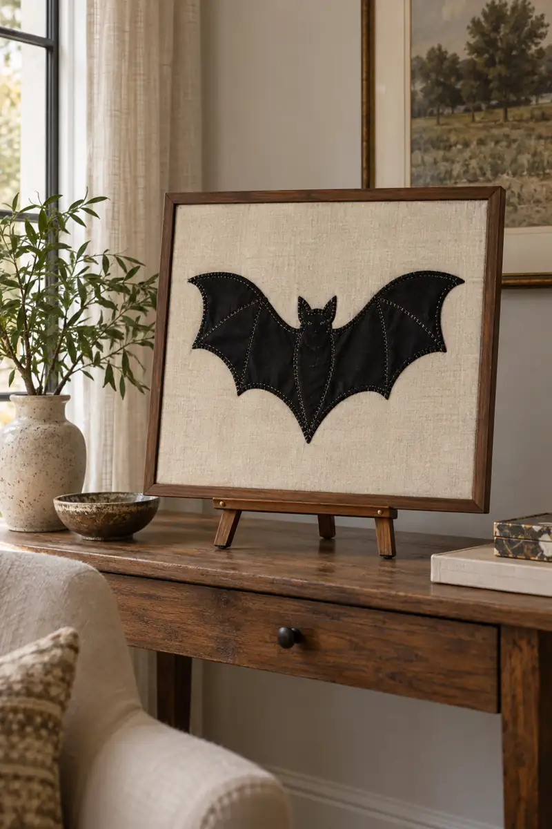 A black fabric bat stitched onto cream textile in a standing wood frame