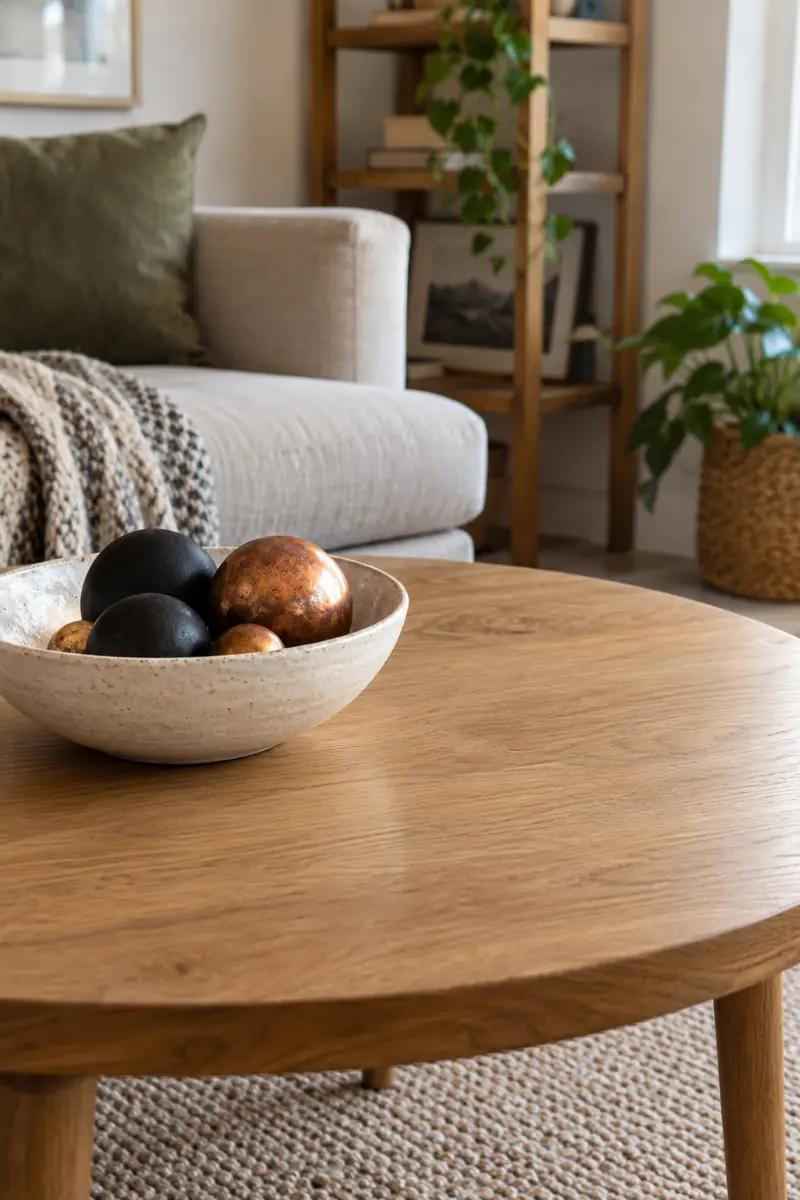 Black and copper ornaments fill a shallow white bowl on an oak coffee table