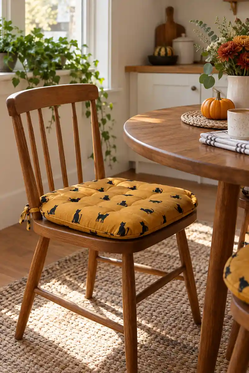 Mustard cat-print chair pad on a wooden breakfast chair