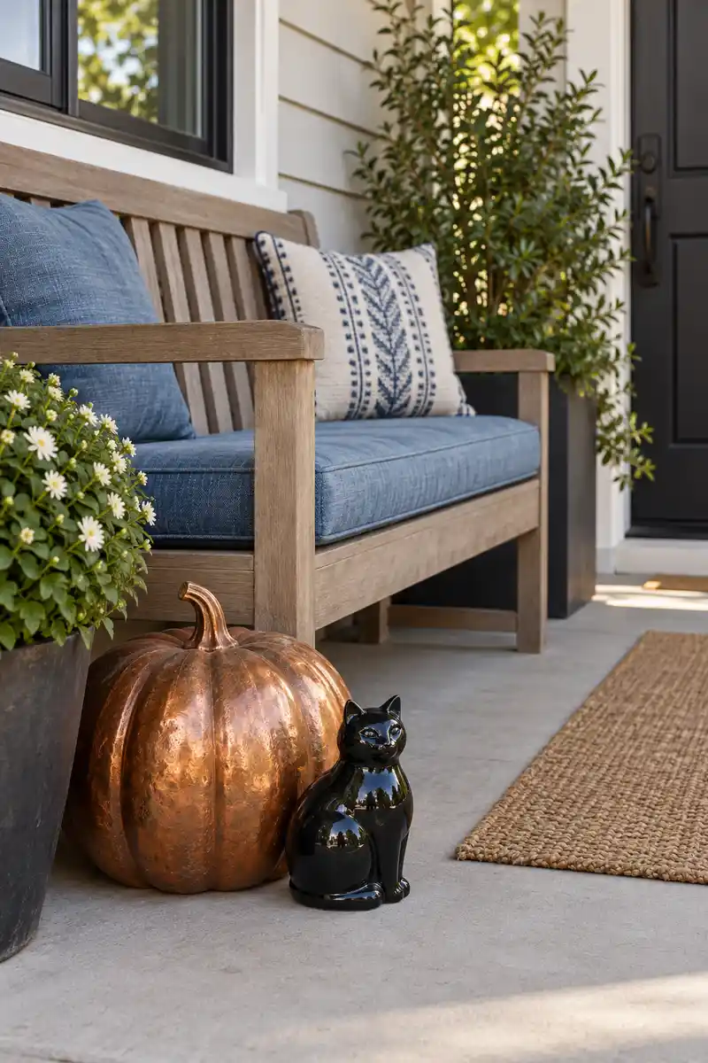 Blue cushioned bench with copper pumpkin and ceramic black cat ornament beside it