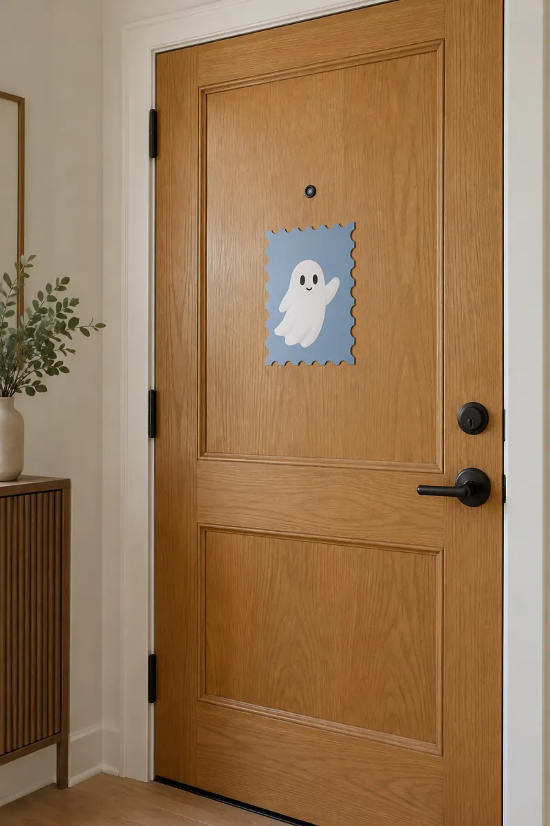 Ghost Postage Stamp on a natural honey oak apartment door