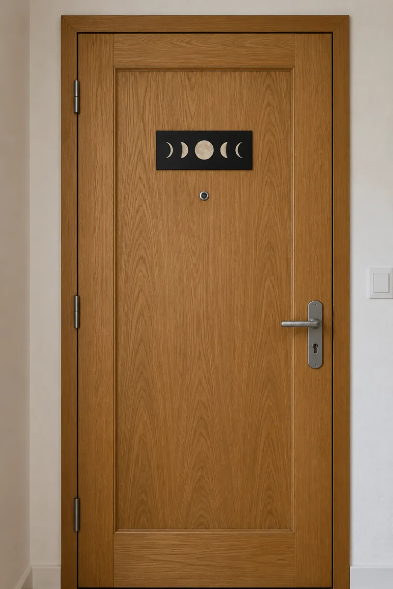 Moon Phase Strip displayed on a natural oak apartment door