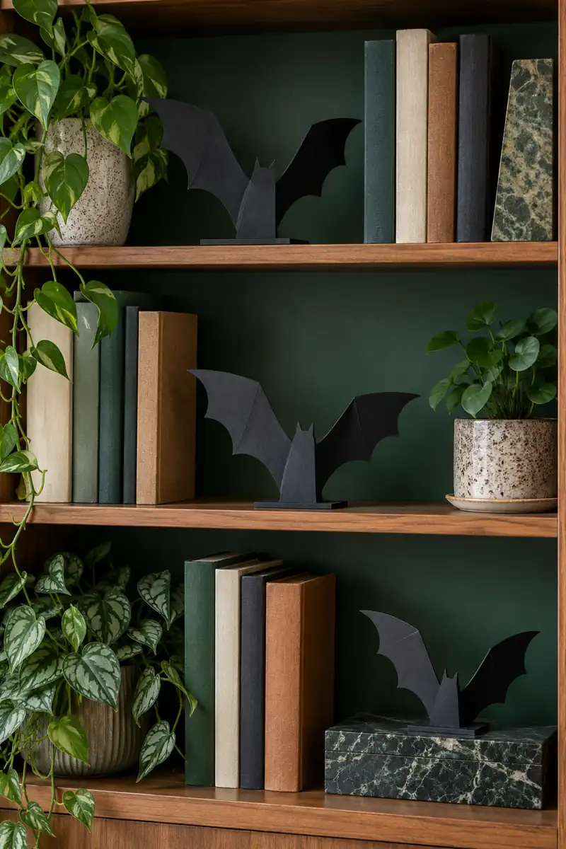 Freestanding folded cardboard bats sit among books on green-backed shelves