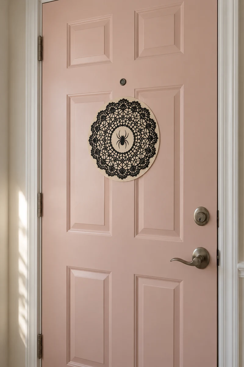 Black Lace Medallion displayed on a pale pink apartment door